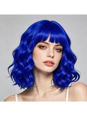 Women's Blue Soft Short Bob Style Synthetic Shoulder Length Curly Wigs